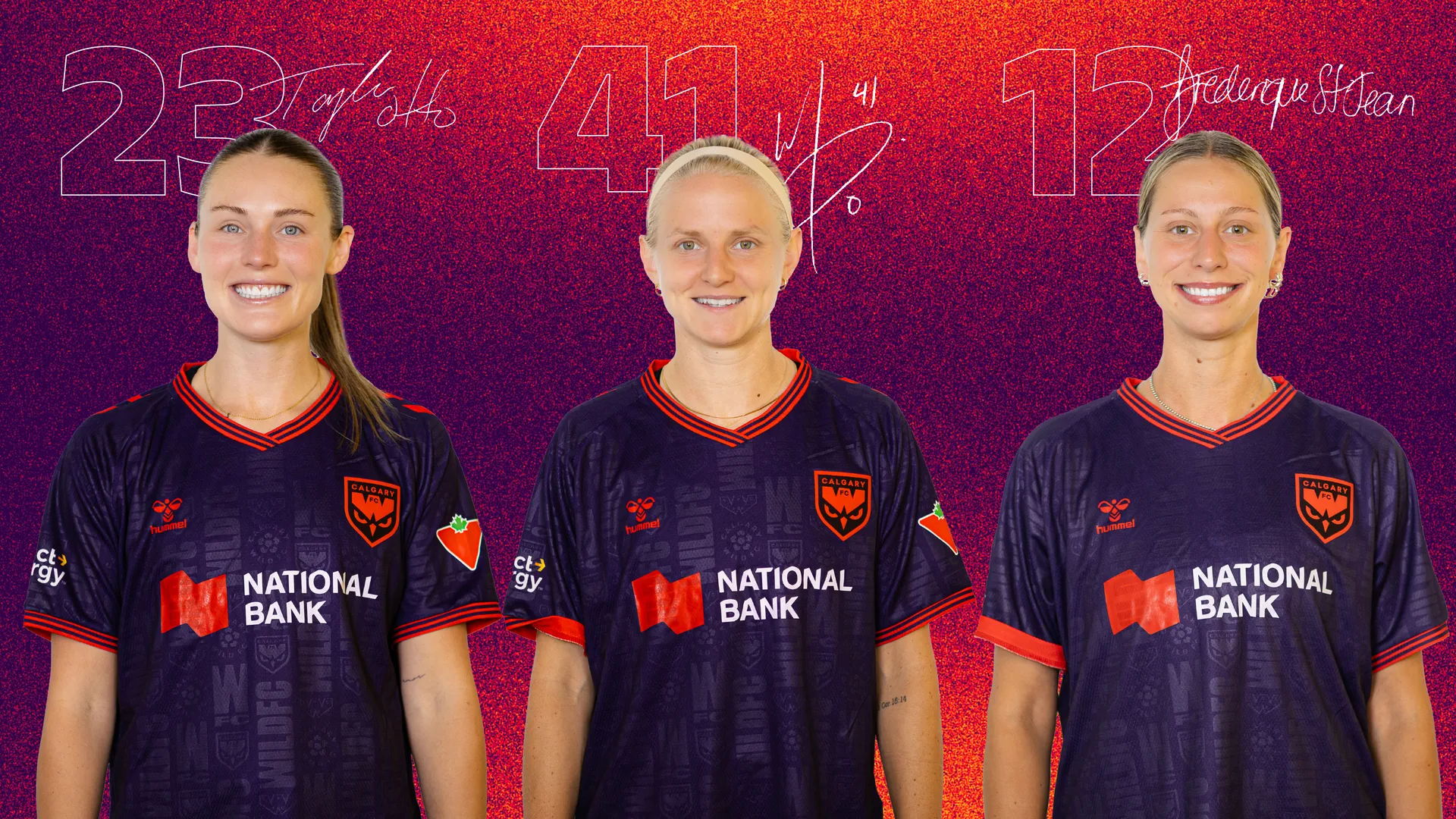 3 new Calgary Wild FC players in front of a branded gradient background