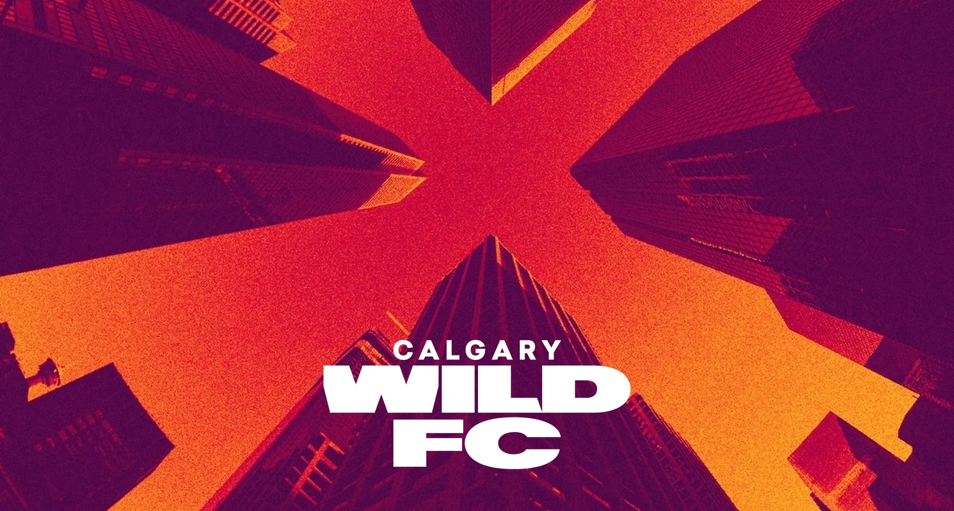 Grainy stylized artwork of downtown Calgary with Calgary Wild FC logo